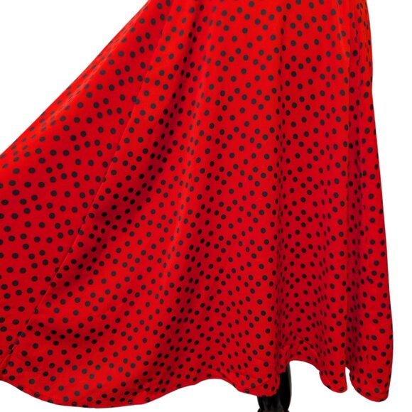 Unique Vintage Womens Size L/10-12 Red Black Polka Dot Bow Tie Midi Swing Dress - Picture 7 of 11